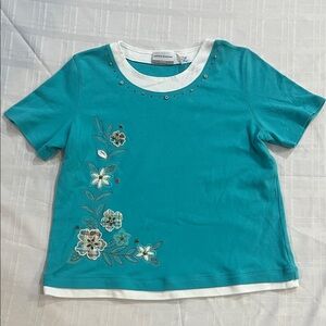 Alfred Dunner Turquoise Floral Embroidered Tee